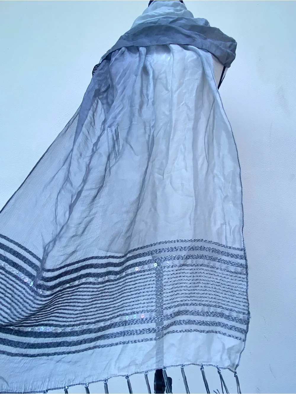 Whimsygoth Ombré Steel Grey Sequin Fringe Scarf
